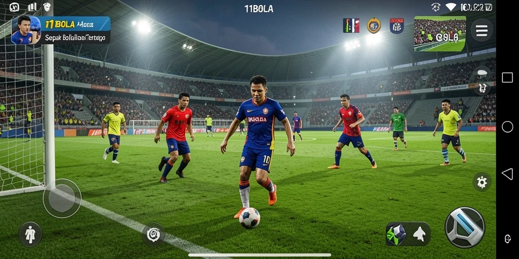 Screenshot gameplay 11BOLA menampilkan aksi sepak bola yang intens.