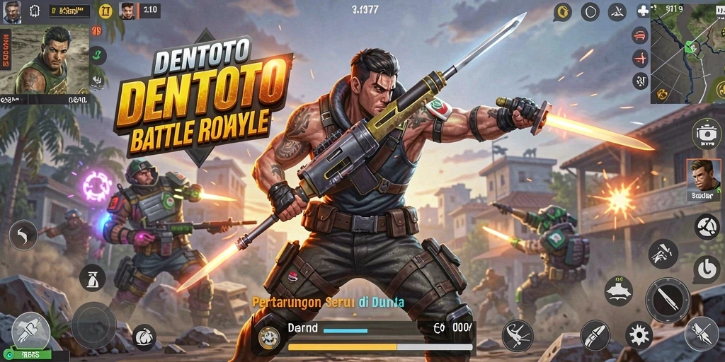Screenshot gameplay DENTOTO menampilkan aksi mendebarkan di medan perang.