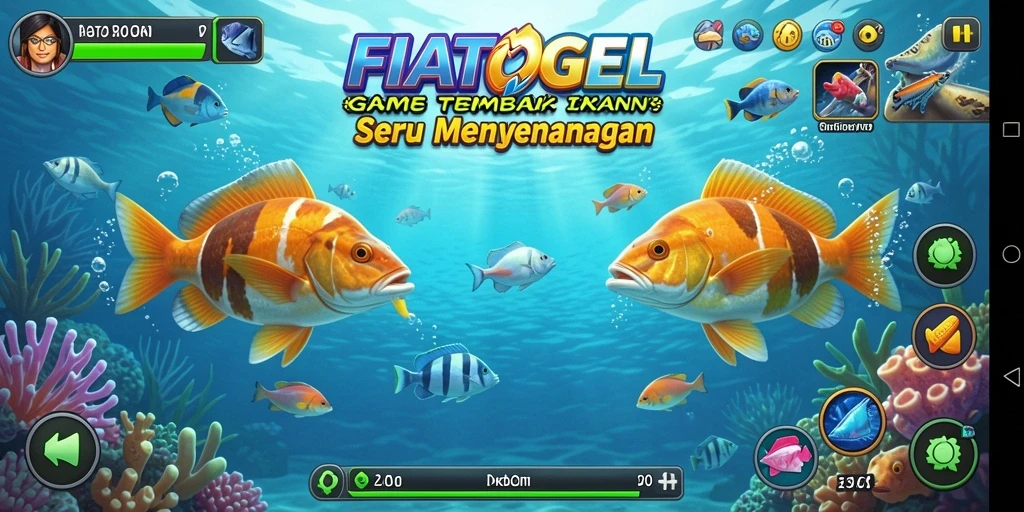 Tampilan gameplay FIATOGEL menampilkan aksi tembak ikan yang seru.