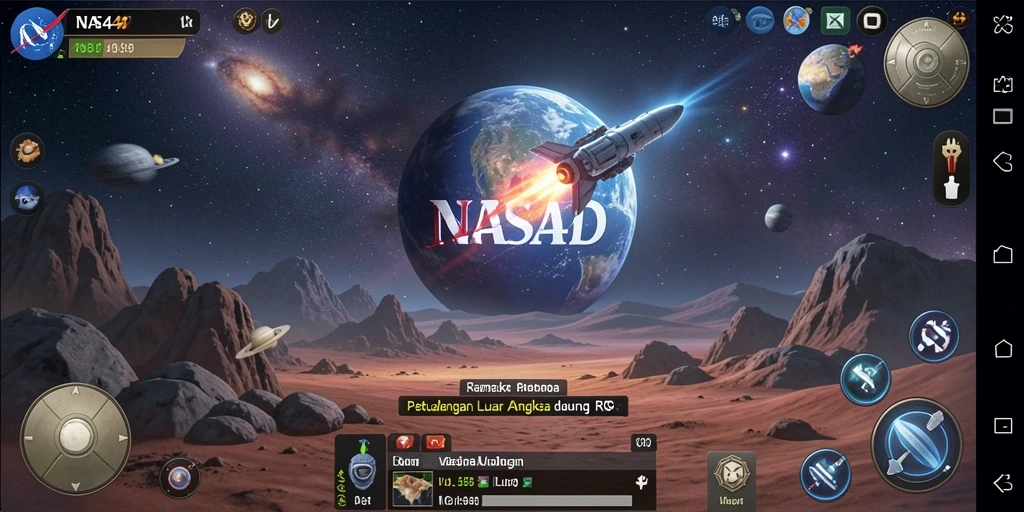 Screenshot gameplay RPG yang menampilkan eksplorasi planet luar angkasa.