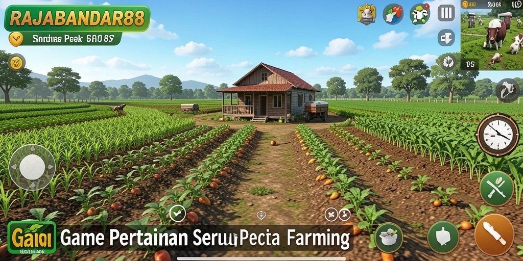 Tampilan screenshot RAJABANDAR88 menampilkan kebun yang indah dan mekanisme bertani.